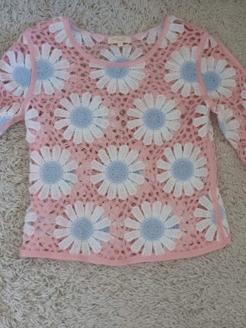 Rebellion Again Crochet Daisy Floral Sweater Pink White Blue Mesh Boho Top L